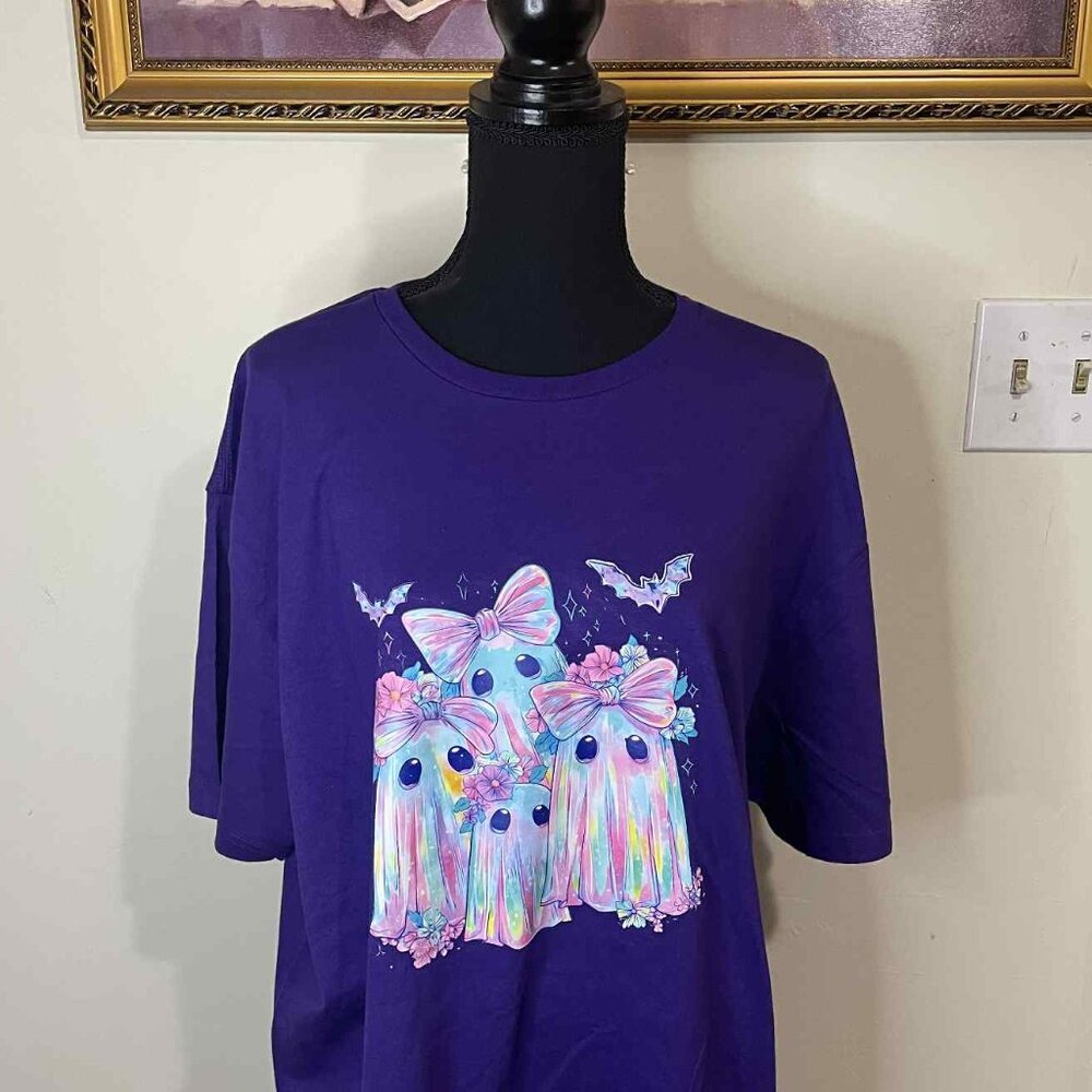 Cute Pastel Ghosts Custom Halloween Graphic Tee Gildan Softstyle Purple XL